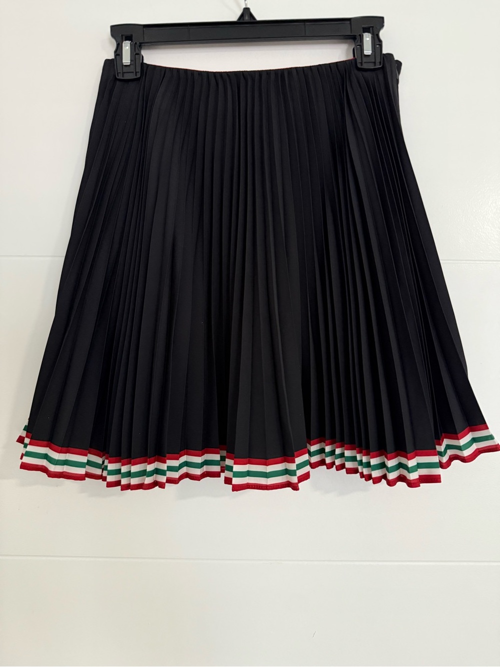 Anthropologie Black Pleated Skirt with Red, White & Green Hem Trim